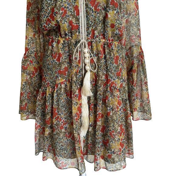 ALEXIS Floral Print Mini Ruffle Dress Tassel Multicolor Long Sleeve Size Medium - Picture 3 of 16